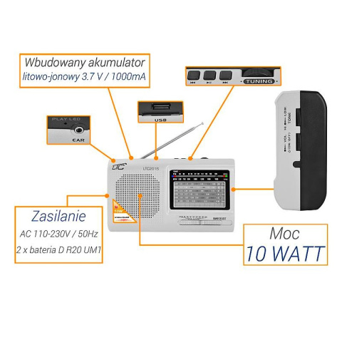 LTC wilga LTC2016 radio przenośne FM akumulator USB SD 10W srebrne LTC wilga LTC2016 radio przenośne FM akumulator USB SD 10W srebrne