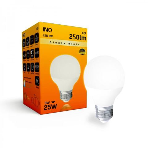 INQ żarówka lampa LED 3W E27 3000K 250LM mała kulka ciepło biała INQ żarówka lampa LED 3W E27 3000K 250LM mała kulka ciepło biała