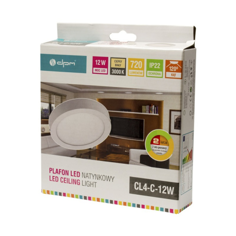 Plafon led natynkowy okrągły, IP22, 12 W, 720 lm, aluminiowy, biały Plafon led natynkowy okrągły, IP22, 12 W, 720 lm, aluminiowy, biały