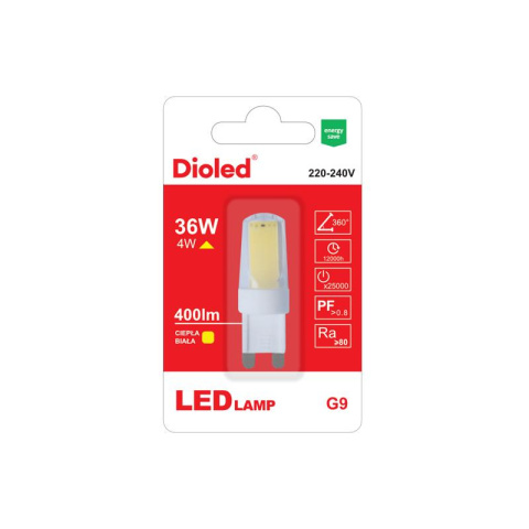 Dioled żarówka, lampa LED COB 4W, G9, 3000K, 400LM, ciepło biała