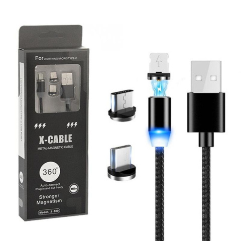 Kabel USB z wymiennymi końcówkami, magnetyczny 3w1 MicroUSB, Lightning, typ C oplot, 1M, czarny