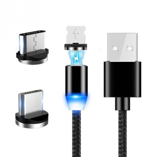 Kabel USB z wymiennymi końcówkami, magnetyczny 3w1 MicroUSB, Lightning, typ C oplot, 1M, czarny