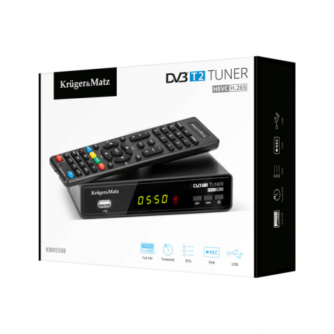 Kruger&Matz KM0550B Dekoder DVB-T2 HEVC tuner do telewizji naziemnej Kruger&Matz KM0550B Dekoder DVB-T2 HEVC tuner do telewizji naziemnej