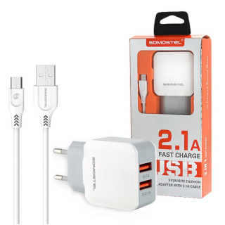 Somostel Ładowarka sieciowa 2xUSB biała z przewodem microUSB