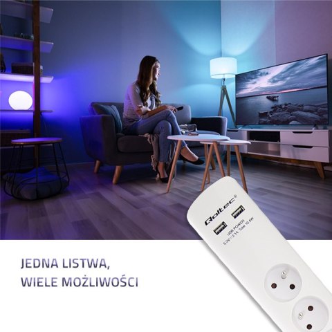 Qoltec Listwa antyprzepięciowa | 8 gniazd | 2 x USB | 1.8m | Biała