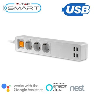Listwa Przedłużacz 3-gniazda 4 Porty USB V-TAC SMART WiFi Amazon Alexa, Google Home, Nest VT-5018