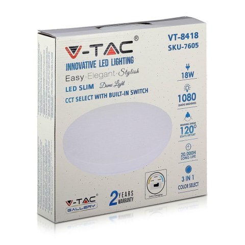 Plafon V-TAC 18W Mleczny Zmiana Koloru CCT fi.310 VT-8418 3000K-6400K 1530lm