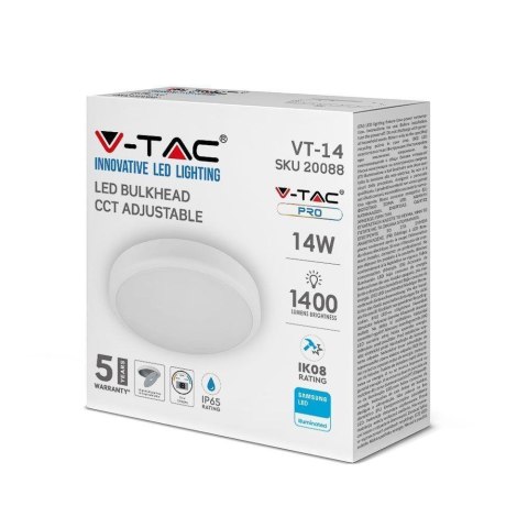 Plafon V-TAC SAMSUNG CHIP 14W LED IP65 IK08 Biały VT-14 3w1 1400lm 5 Lat Gwarancji