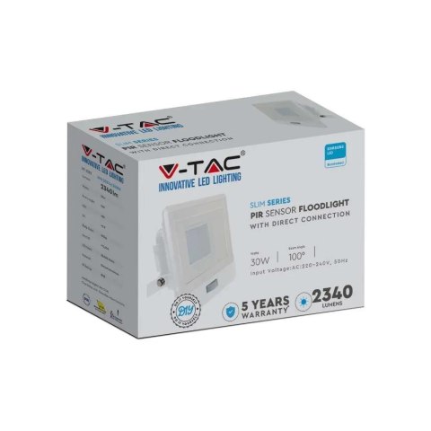 Projektor LED V-TAC 30W SAMSUNG CHIP Czujnik Ruchu Biały Z MUFĄ VT-138S 4000K 2340lm 5 Lat Gwarancji