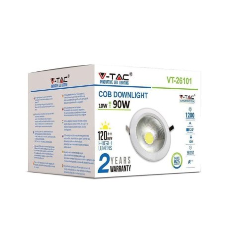 Oprawa 10W LED V-TAC COB Downlight Okrągły 120Lm/W VT-26101 6000K 1200lm