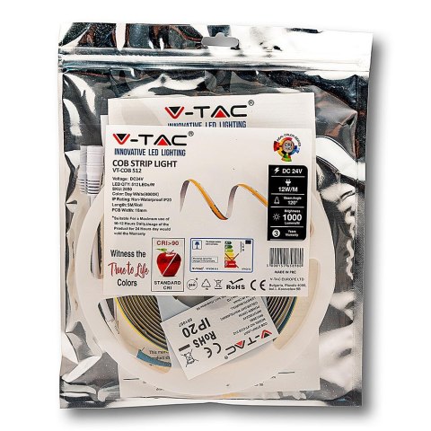 Taśma LED V-TAC Bezpunktowa COB 512LED 24V CRI90+ 12W/m VT-COB 3000K 1000lm 3 Lata Gwarancji Taśma LED V-TAC Bezpunktowa COB 512LED 24V CRI90+ 12W/m VT-COB 3000K 1000lm 3 Lata Gwarancji