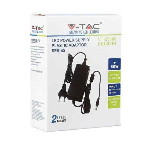 Zasilacz LED V-TAC Desktop 60W 24V 2,5A IP44 Wtyczkowy desktop z przewodami VT-25060