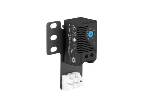 TERMOSTAT ZAMYKAJĄCY 10A DO SZAF Z UCHEM MONTAŻOWYM (RACK) I KOSTKĄ ELEKTRYCZNĄ CZARNY LANBERG