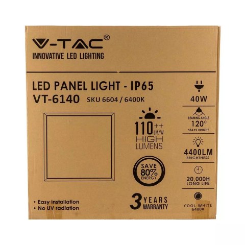 Panel LED V-TAC 40W 600x600 110Lm/W Hermetyczny IP65 VT-6140 6400K 4400lm 3 Lata Gwarancji