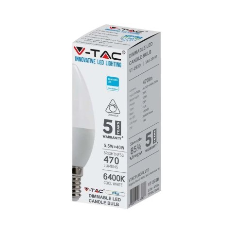 Żarówka LED V-TAC SAMSUNG CHIP 5.5W E14 Świeczka Ściemnialna VT-293D 4000K 470lm 5 Lat Gwarancji