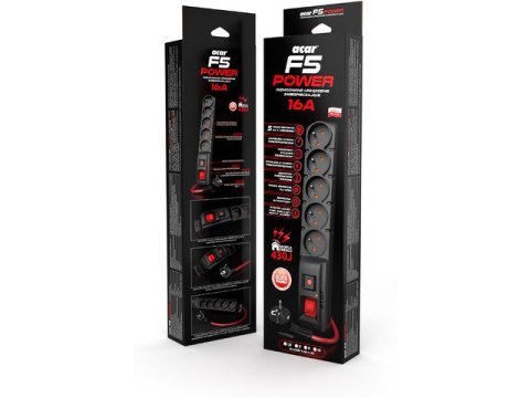 LISTWA ZASILAJĄCA ACAR F5 POWER 10M 5X 230V PL CZARNA 16A LISTWA ZASILAJĄCA ACAR F5 POWER 10M 5X 230V PL CZARNA 16A