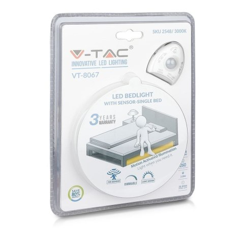 Nocne Oświetlenie LED V-TAC Czujnik Ruchu Pojedyncze Łóżko VT-8067 3000K 260lm 3 Lata Gwarancji