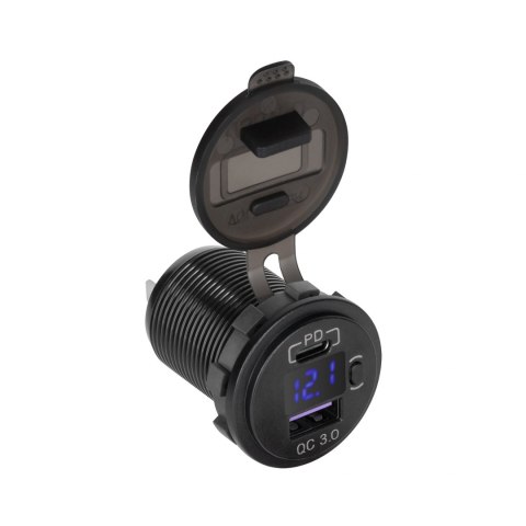 Ładowarka samochodowa USB+USB typu C z funkcją Quick Charge, Power Delivery i miernikiem napięcia 48W Ładowarka samochodowa USB+USB typu C z funkcją Quick Charge, Power Delivery i miernikiem napięcia 48W