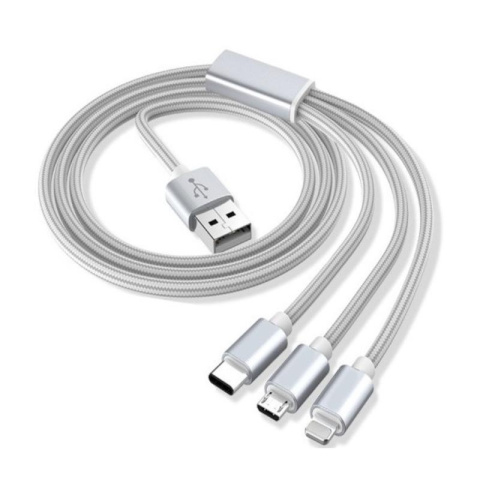 Przewód 3w1 USB - micro usb + lightning + typ C srebrny 1m Przewód 3w1 USB - micro usb + lightning + typ C srebrny 1m