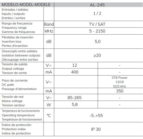 Zasilacz antenowy 12V ALCAD AL-245 12V 400mA 2xOUT Zasilacz antenowy 12V ALCAD AL-245 12V 400mA 2xOUT
