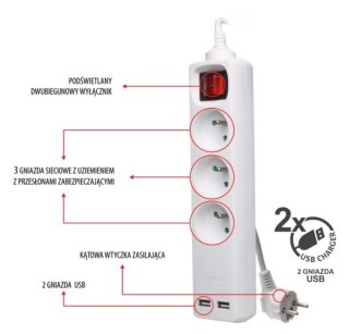 Przedłużacz 3 gniazda+wyłącznik 3m + 2 gniazda USB