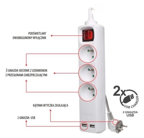 Przedłużacz 3 gniazda+wyłącznik 3m + 2 gniazda USB Przedłużacz 3 gniazda+wyłącznik 3m + 2 gniazda USB