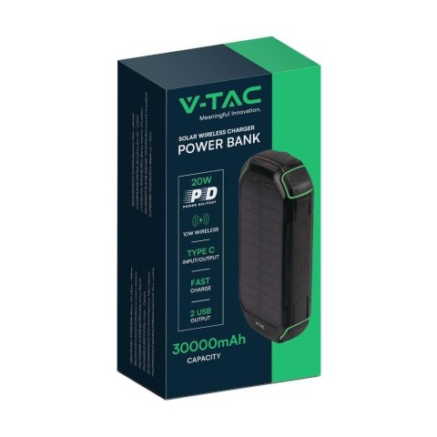 Power Bank V-TAC 30000mAh Czarny, Solarny, Ładowanie Bezprzewodowe SZYBKI 20W 2xUSB V-TAC VT-33333 Power Bank V-TAC 30000mAh Czarny, Solarny, Ładowanie Bezprzewodowe SZYBKI 20W 2xUSB V-TAC VT-33333
