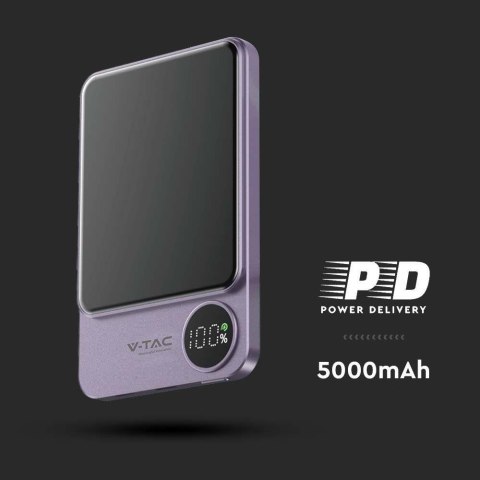 Power Bank V-TAC 5000mAh Fiolet Magnetyczny 9mm Aluminium, Lightning, LCD, SZYBKI 20W V-TAC VT-50005-P Power Bank V-TAC 5000mAh Fiolet Magnetyczny 9mm Aluminium, Lightning, LCD, SZYBKI 20W V-TAC VT-50005-P