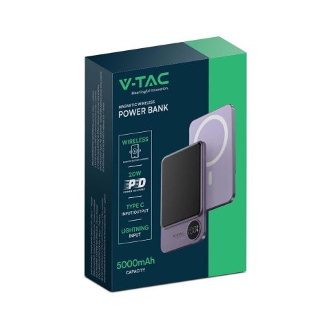 Power Bank V-TAC 5000mAh Fiolet Magnetyczny 9mm Aluminium, Lightning, LCD, SZYBKI 20W V-TAC VT-50005-P Power Bank V-TAC 5000mAh Fiolet Magnetyczny 9mm Aluminium, Lightning, LCD, SZYBKI 20W V-TAC VT-50005-P