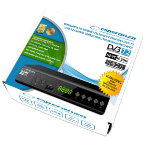 Esperanza EV111P Dekoder tuner DVB-T2 HEVC z programowalnym pilotem Esperanza EV111P Dekoder tuner DVB-T2 HEVC z programowalnym pilotem