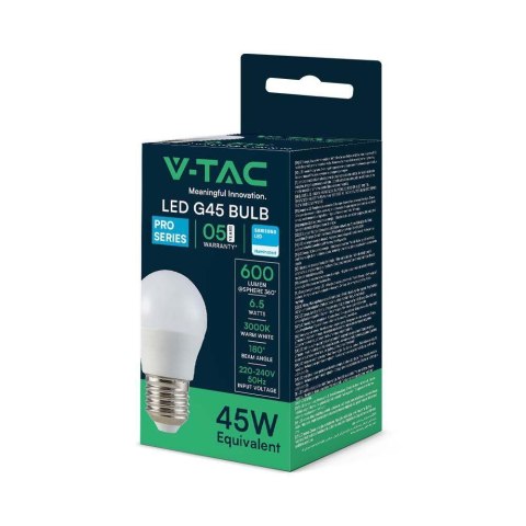 Żarówka LED V-TAC SAMSUNG CHIP 6,5W E27 Kulka G45 VT-290 3000K 600lm 5 Lat Gwarancji Żarówka LED V-TAC SAMSUNG CHIP 6,5W E27 Kulka G45 VT-290 3000K 600lm 5 Lat Gwarancji