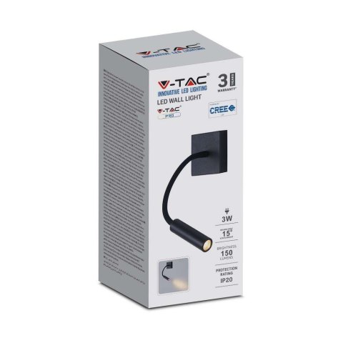 Oprawa LED V-TAC 3W Kinkiet Hotel Łóżko Włącznik Czarny COB CREE VT-2903 3000K 150lm 3 Lata Gwarancji