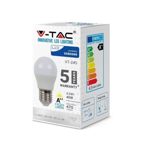 Żarówka LED V-TAC SAMSUNG CHIP 4.5W E27 Kulka G45 VT-245 6400K 470lm 5 Lat Gwarancji Żarówka LED V-TAC SAMSUNG CHIP 4.5W E27 Kulka G45 VT-245 6400K 470lm 5 Lat Gwarancji