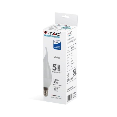 Żarówka LED V-TAC SAMSUNG CHIP 5.5W E14 Świeczka Płomyk VT-258 3000K 470lm 5 Lat Gwarancji Żarówka LED V-TAC SAMSUNG CHIP 5.5W E14 Świeczka Płomyk VT-258 3000K 470lm 5 Lat Gwarancji