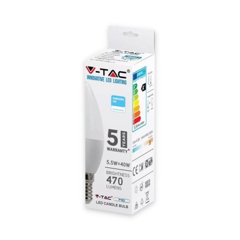 Żarówka LED V-TAC SAMSUNG CHIP 5.5W E14 Świeczka VT-226 6400K 470lm 5 Lat Gwarancji Żarówka LED V-TAC SAMSUNG CHIP 5.5W E14 Świeczka VT-226 6400K 470lm 5 Lat Gwarancji