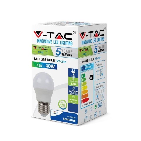 Żarówka LED V-TAC SAMSUNG CHIP 5.5W E27 G45 Kulka VT-246 4000K 470lm 5 Lat Gwarancji Żarówka LED V-TAC SAMSUNG CHIP 5.5W E27 G45 Kulka VT-246 4000K 470lm 5 Lat Gwarancji