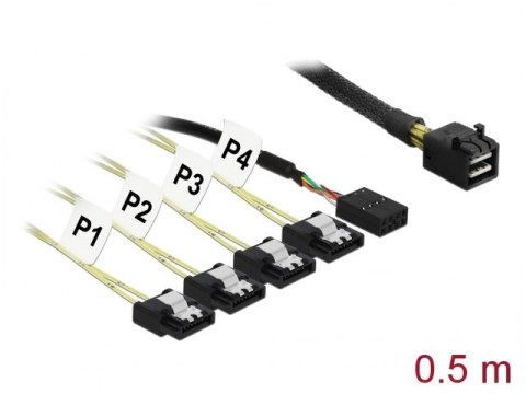 KABEL SAS MINI HD SFF-8643(M)->4X SATA 7 PIN(F) 0.5M JEDNOWSTĘGOWY DELOCK KABEL SAS MINI HD SFF-8643(M)->4X SATA 7 PIN(F) 0.5M JEDNOWSTĘGOWY DELOCK