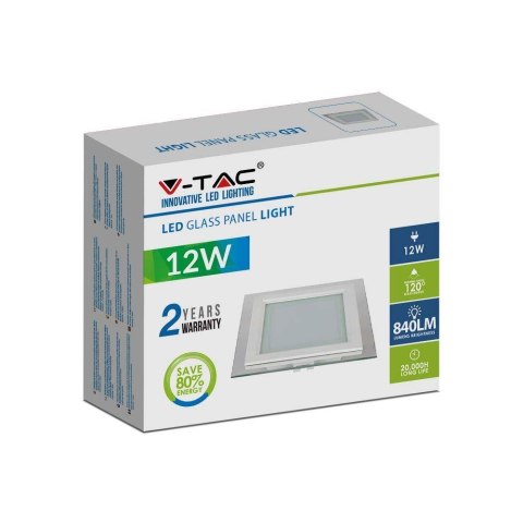 Panel LED V-TAC 12W LED Szkło Kwadrat VT-1202G 4000K 840lm