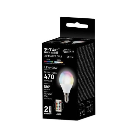 Żarówka LED V-TAC 4,8W E14 Kulka P45 Pilot VT-2234 3000K+RGB 470lm Żarówka LED V-TAC 4,8W E14 Kulka P45 Pilot VT-2234 3000K+RGB 470lm