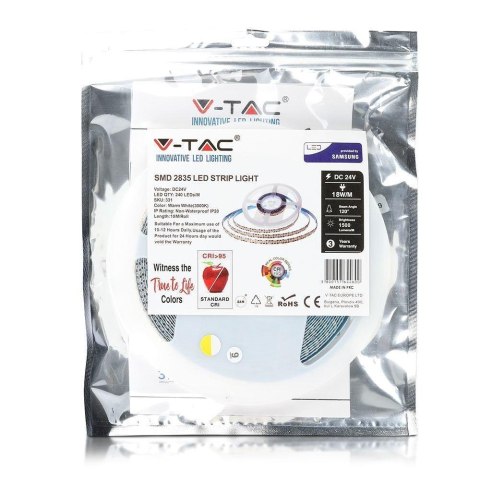 Taśma LED V-TAC SAMSUNG CHIP 2835 1200LED 24V IP20 CRI95+ 10mb 18W/m VT-10-240-1 3000K 1500lm 3 Lata Gwarancji