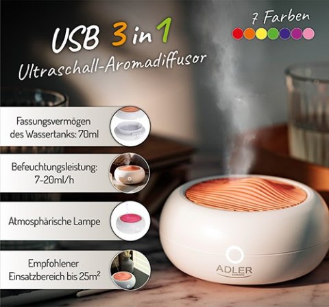 Adler Ultradźwiękowy dyfuzor zapachowy USB 3w1