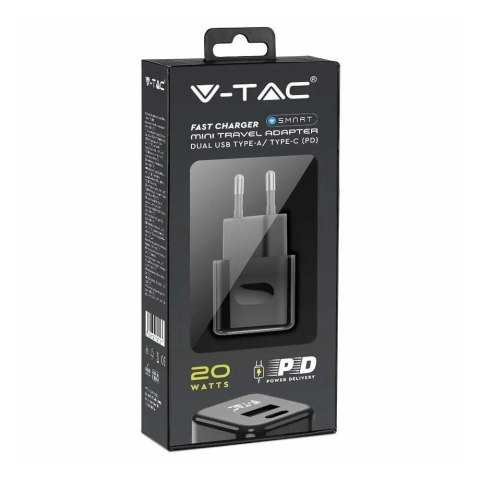Ładowarka USB V-TAC SZYBKA 20W Czarna MINI Dual USB Type-A Type-C VT-5320-B Ładowarka USB V-TAC SZYBKA 20W Czarna MINI Dual USB Type-A Type-C VT-5320-B