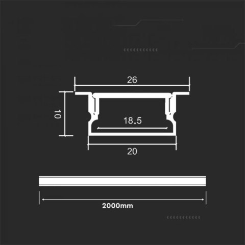 Profil Aluminiowy V-TAC 2mb Anodowany, Klosz Mleczny, Wpuszczany, Na dwie taśmy VT-8203