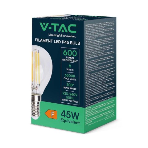 Żarówka LED V-TAC 6W Filament E14 Kulka P45 VT-2466 6500K 600lm Żarówka LED V-TAC 6W Filament E14 Kulka P45 VT-2466 6500K 600lm