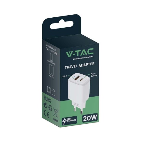 Ładowarka USB V-TAC SZYBKA 20W Biała MINI Dual USB Type-A Type-C VT-3530 Ładowarka USB V-TAC SZYBKA 20W Biała MINI Dual USB Type-A Type-C VT-3530