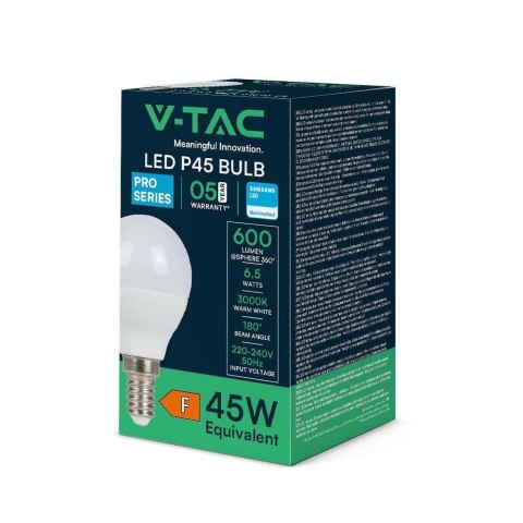 Żarówka LED V-TAC SAMSUNG CHIP 6,5W E14 Kulka P45 VT-270 3000K 600lm 5 Lat Gwarancji Żarówka LED V-TAC SAMSUNG CHIP 6,5W E14 Kulka P45 VT-270 3000K 600lm 5 Lat Gwarancji