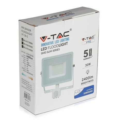 Projektor LED V-TAC 30W SAMSUNG CHIP Czujnik Ruchu Funkcja Cut-OFF Biały VT-30-S-W 4000K 2400lm