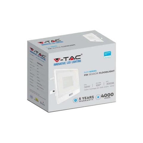 Projektor LED V-TAC 50W SAMSUNG CHIP Czujnik Ruchu Biały Przewód 1M VT-158S-1-W 6400K 4000lm 5 Lat Gwarancji Projektor LED V-TAC 50W SAMSUNG CHIP Czujnik Ruchu Biały Przewód 1M VT-158S-1-W 6400K 4000lm 5 Lat Gwarancji