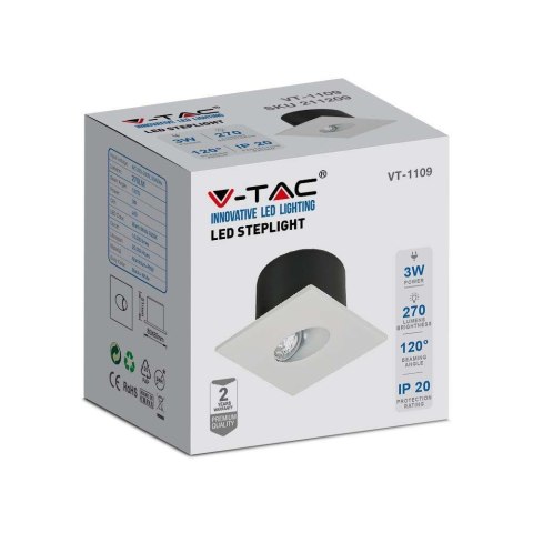 Oprawa Schodowa 3W LED V-TAC Kwadrat Biały 230V VT-1109 3000K 270lm Oprawa Schodowa 3W LED V-TAC Kwadrat Biały 230V VT-1109 3000K 270lm