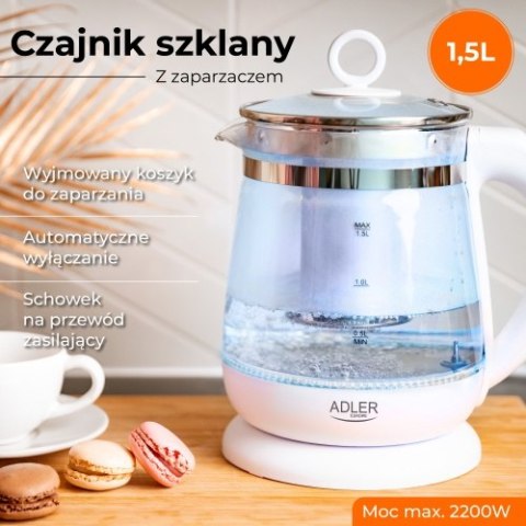 Adler Czajnik szklany 1,5 L z zaparzaczem oraz regulacją temp.